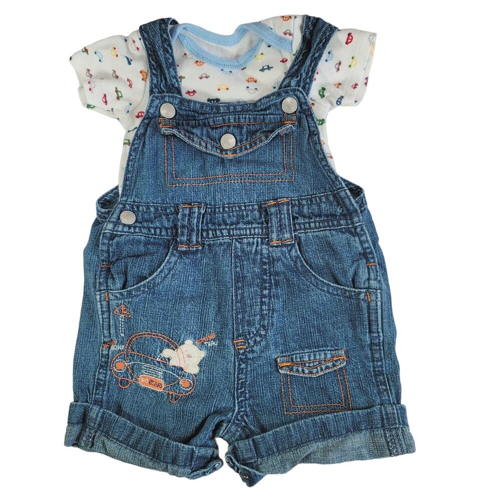 Overalls Size 0-3 mos Bear Driving Car Infant Bib Style Shorts Embroidered FLAW